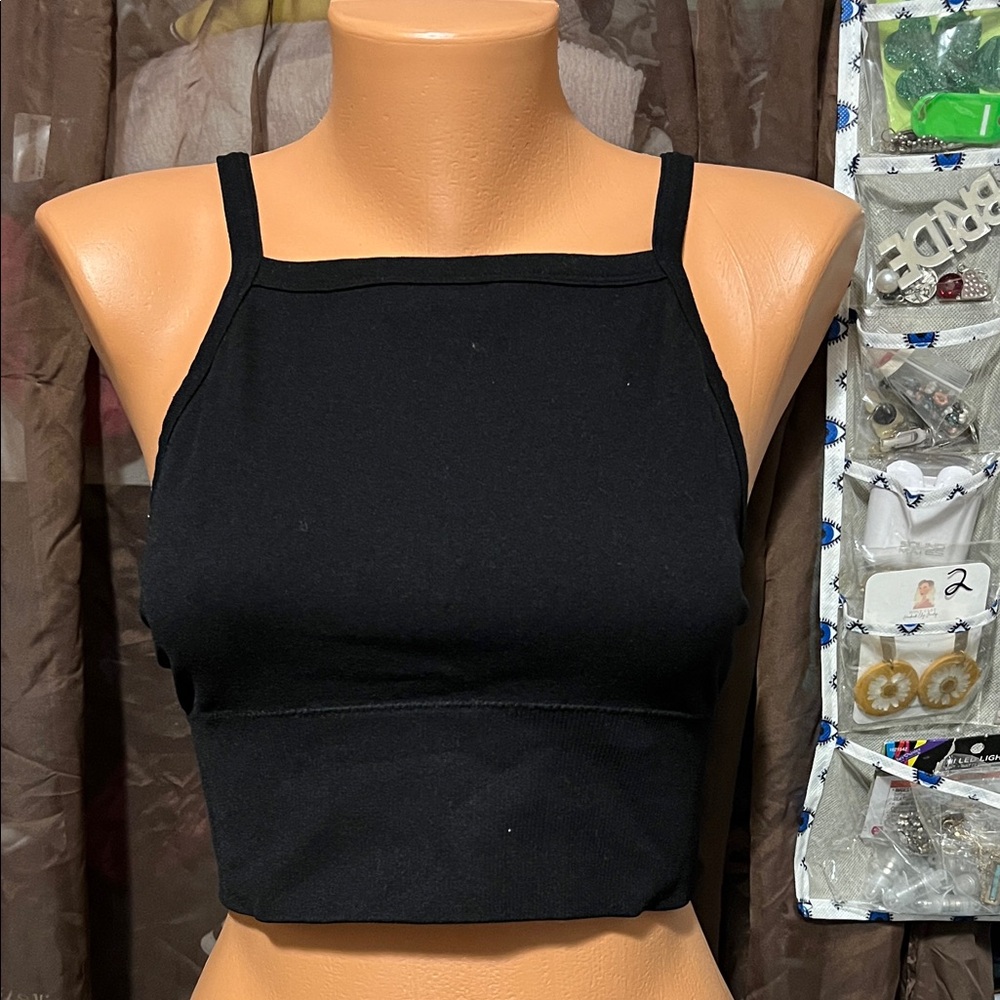 Black Square-Neck Slim Strap Crop Top